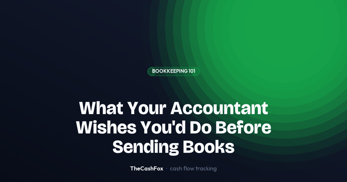 An accountant at a desk reviewing printed receipts and organized business documents, with a notebook and pen nearby